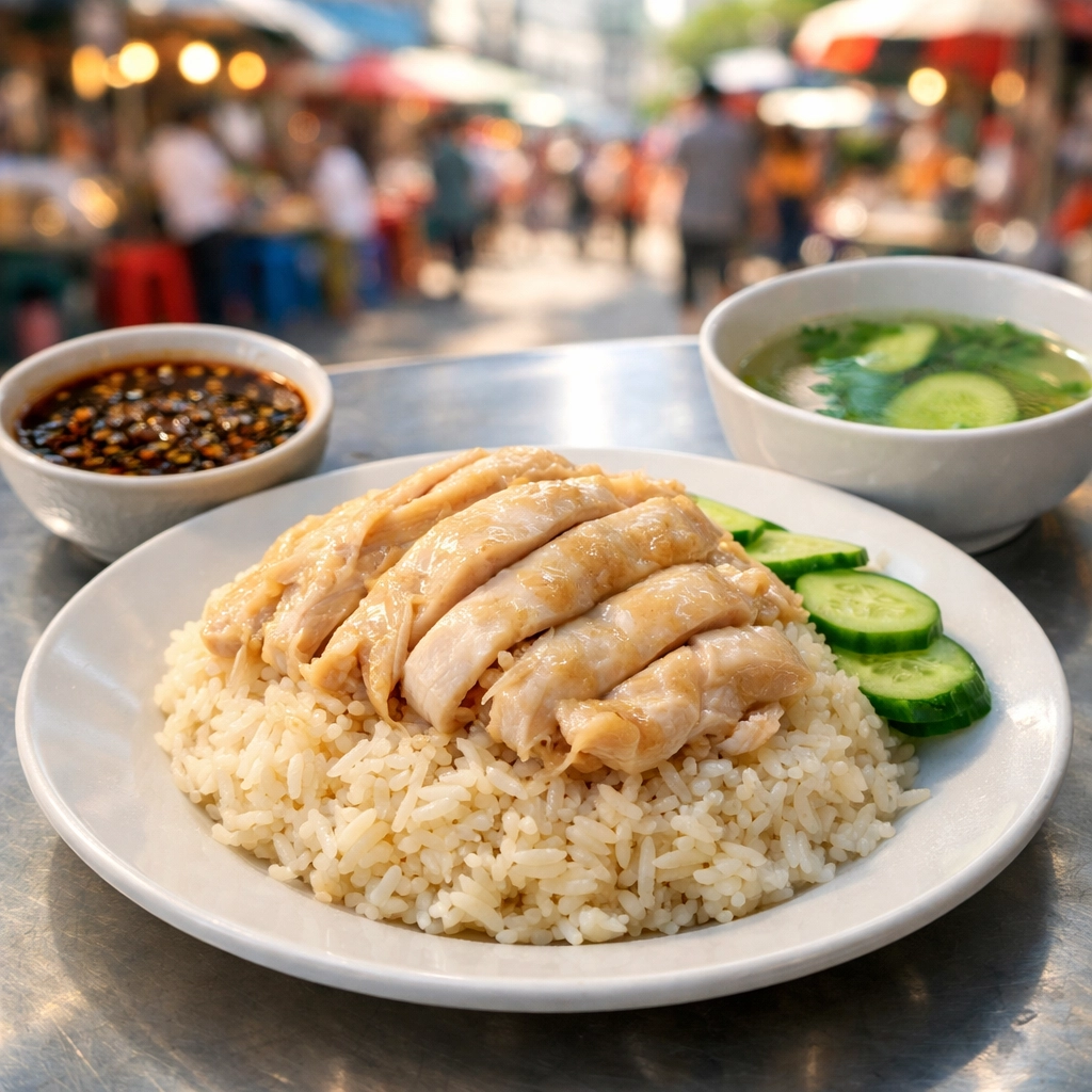 Authentic Bangkok street food: a plate of Khao Mun Gai chicken rice with dipping sauce and soup.