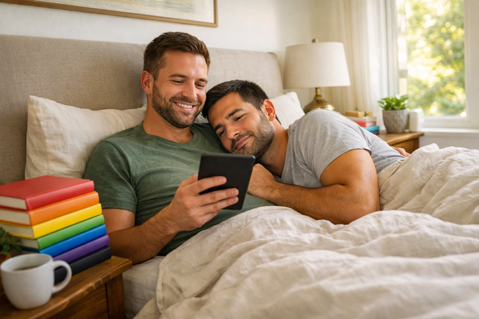 A gay couple relaxes in bed while reading LGBTQ+ ebooks, enjoying quiet moments of connection and gay fiction.