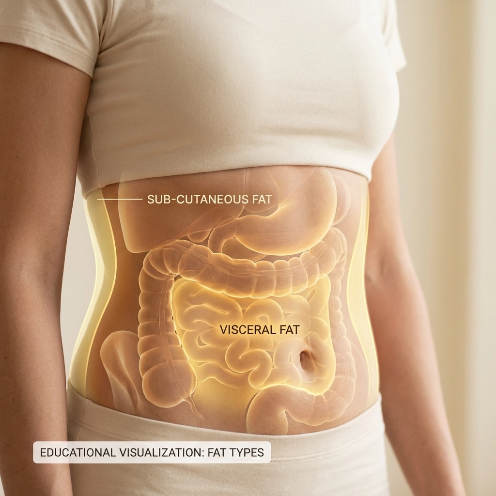 Close-up comparison of visceral and subcutaneous belly fat highlights Tesamorelin’s targeted benefits.