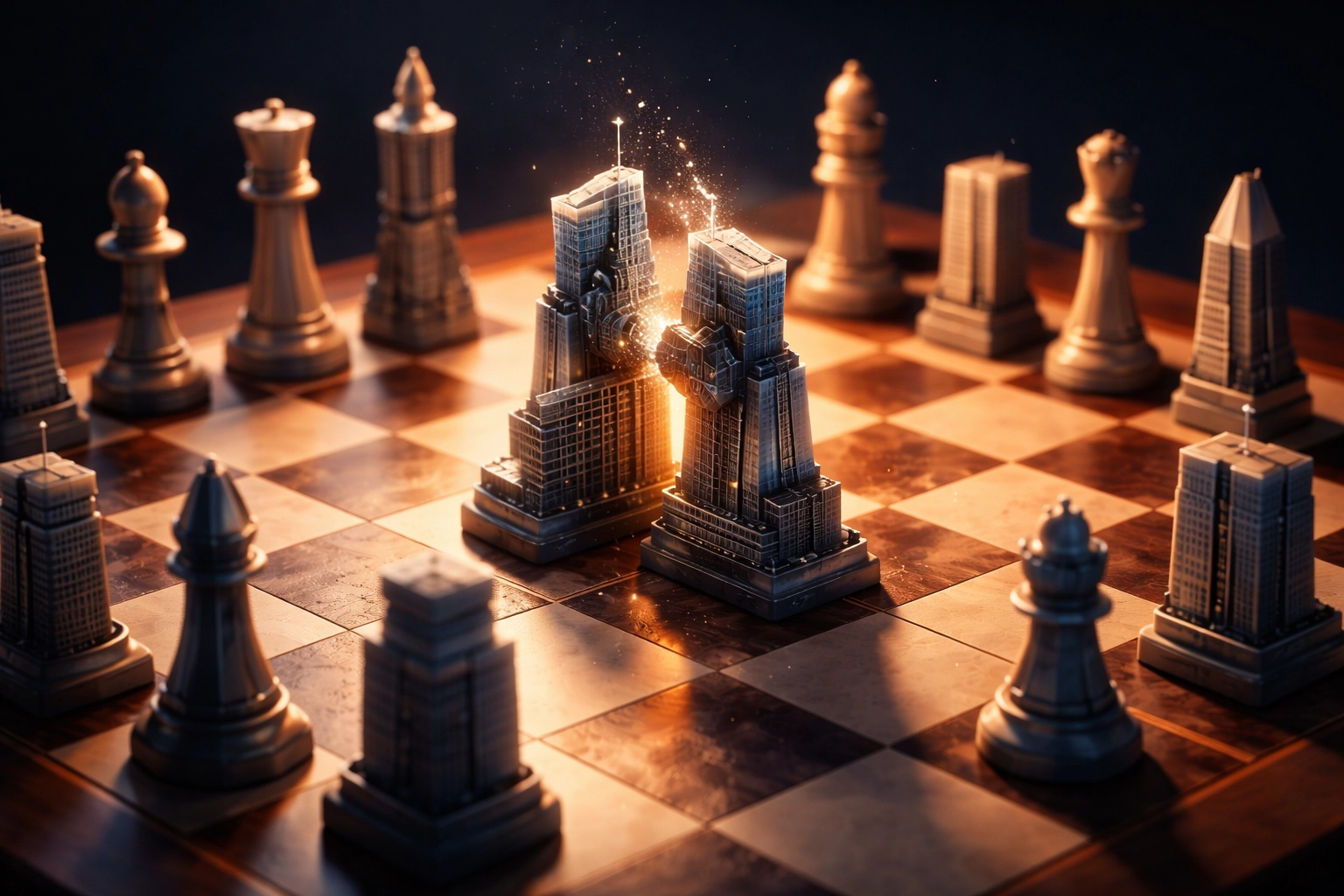 Strategic chessboard with skyscraper pieces representing merger arbitrage and event-driven investment moves