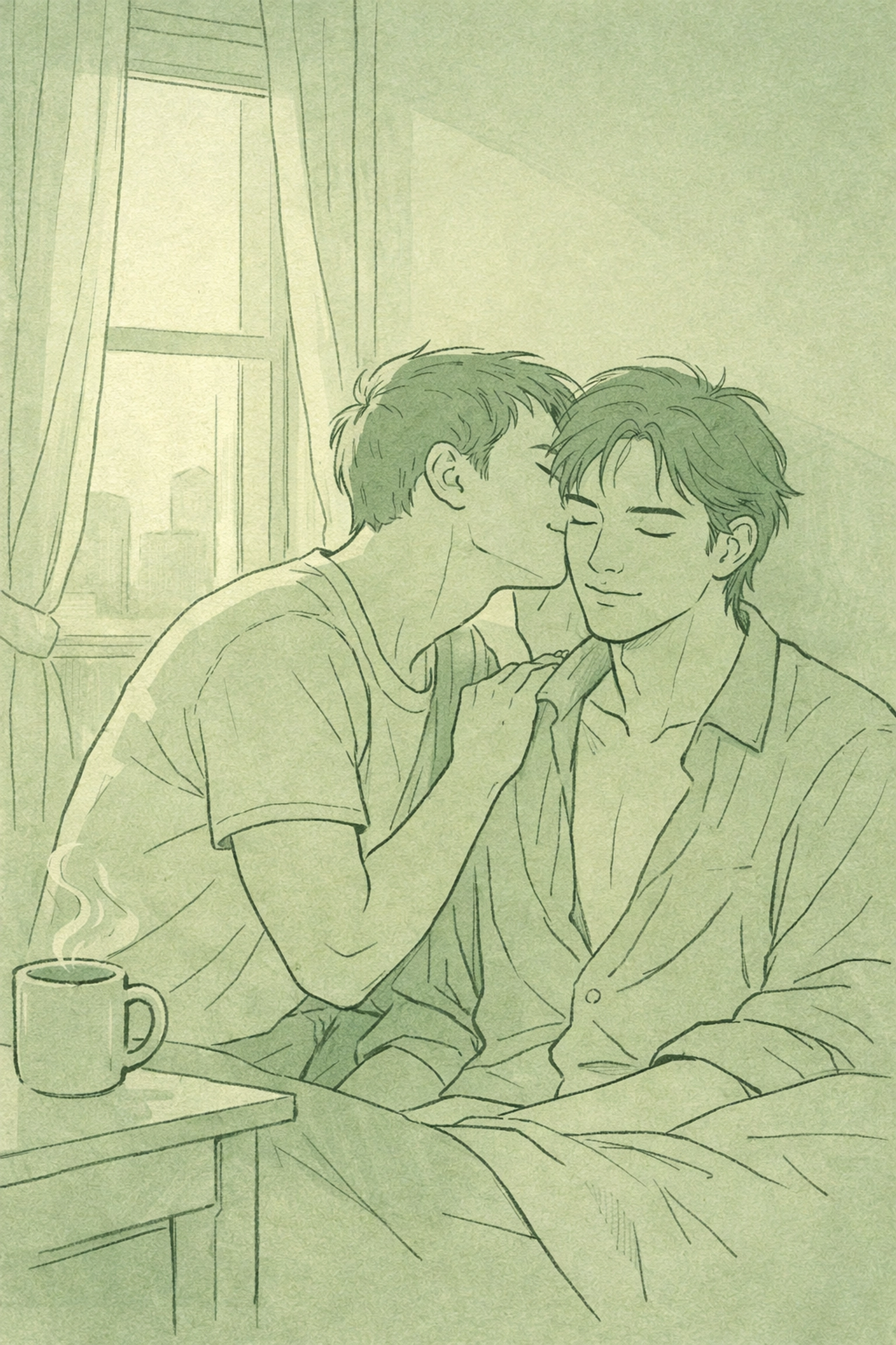 Two men in quiet domestic setting sharing intimate whispered moment by window