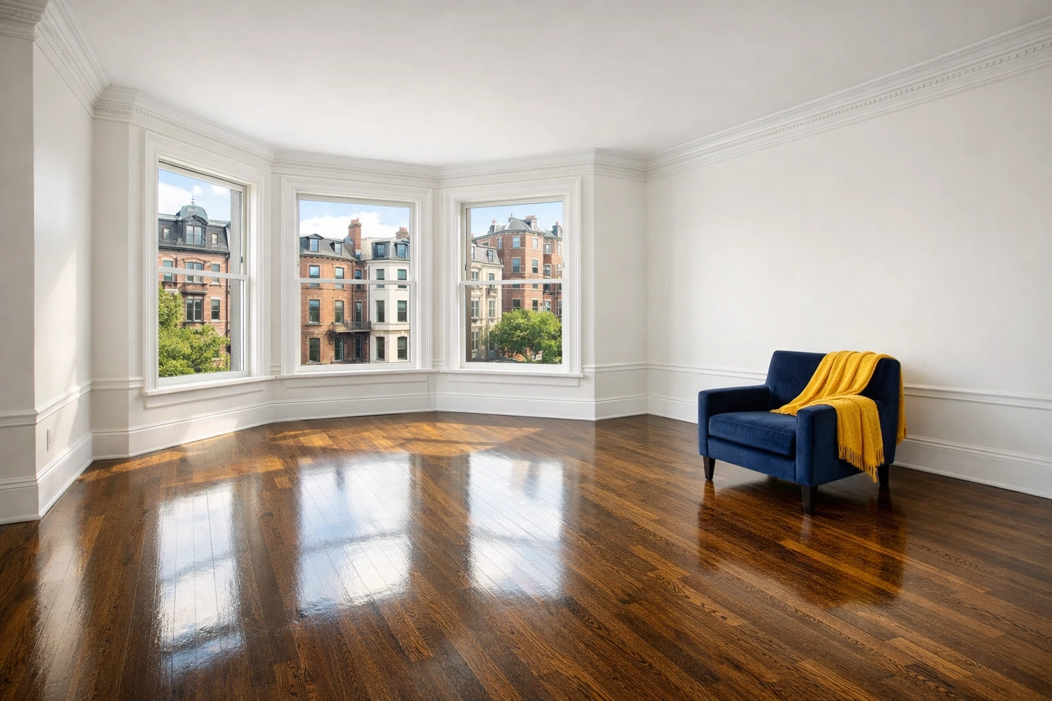 Pristine Boston apartment turnover results in a luxury unit with polished hardwood floors and bright windows.