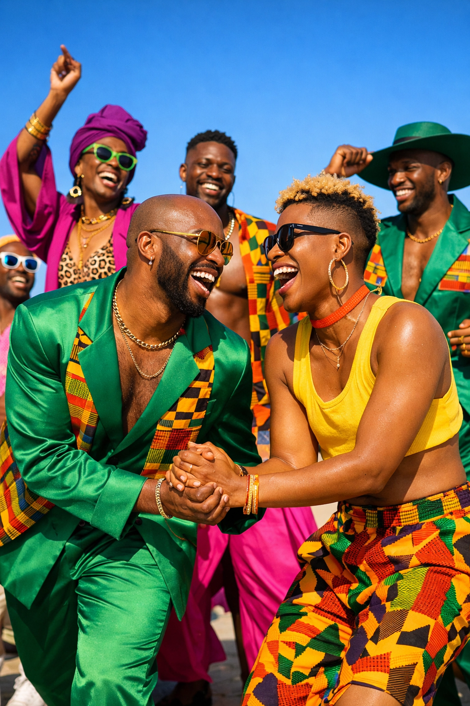 Modern queer Africans celebrating with pride, linking historical roots to contemporary LGBTQ+ culture and books.