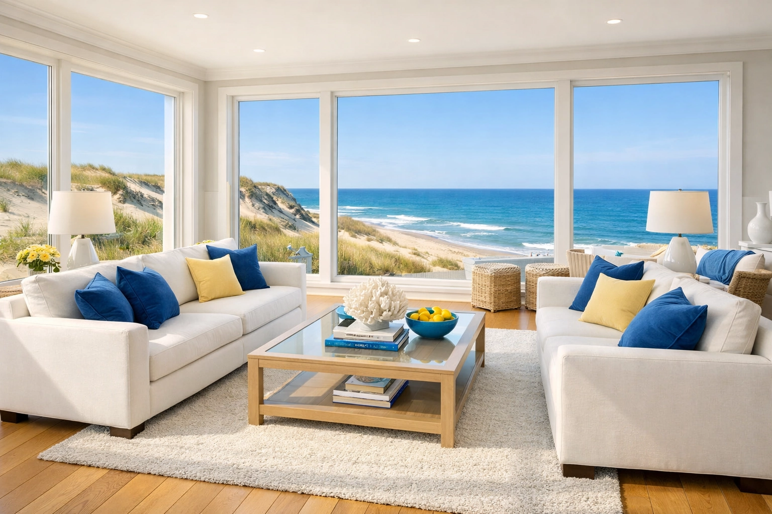 Impeccably clean coastal living room in Wellfleet with spotless floors and views of Cape Cod dunes.