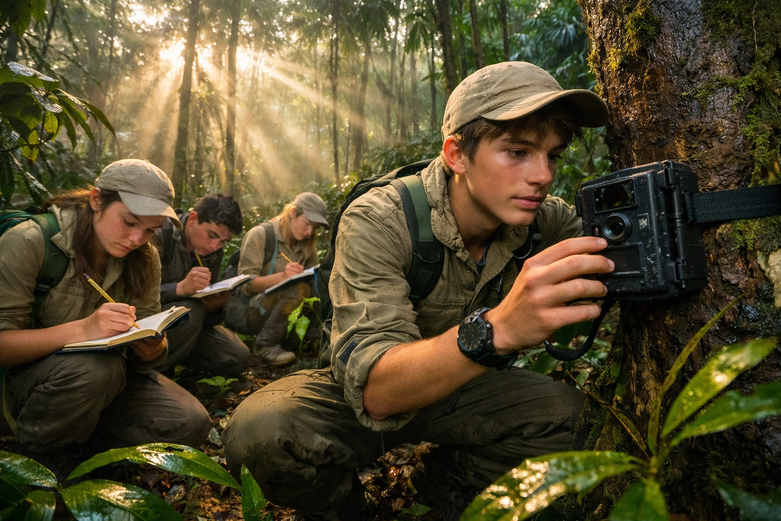 Students conducting wildlife camera trap research in Amazon rainforest Peru