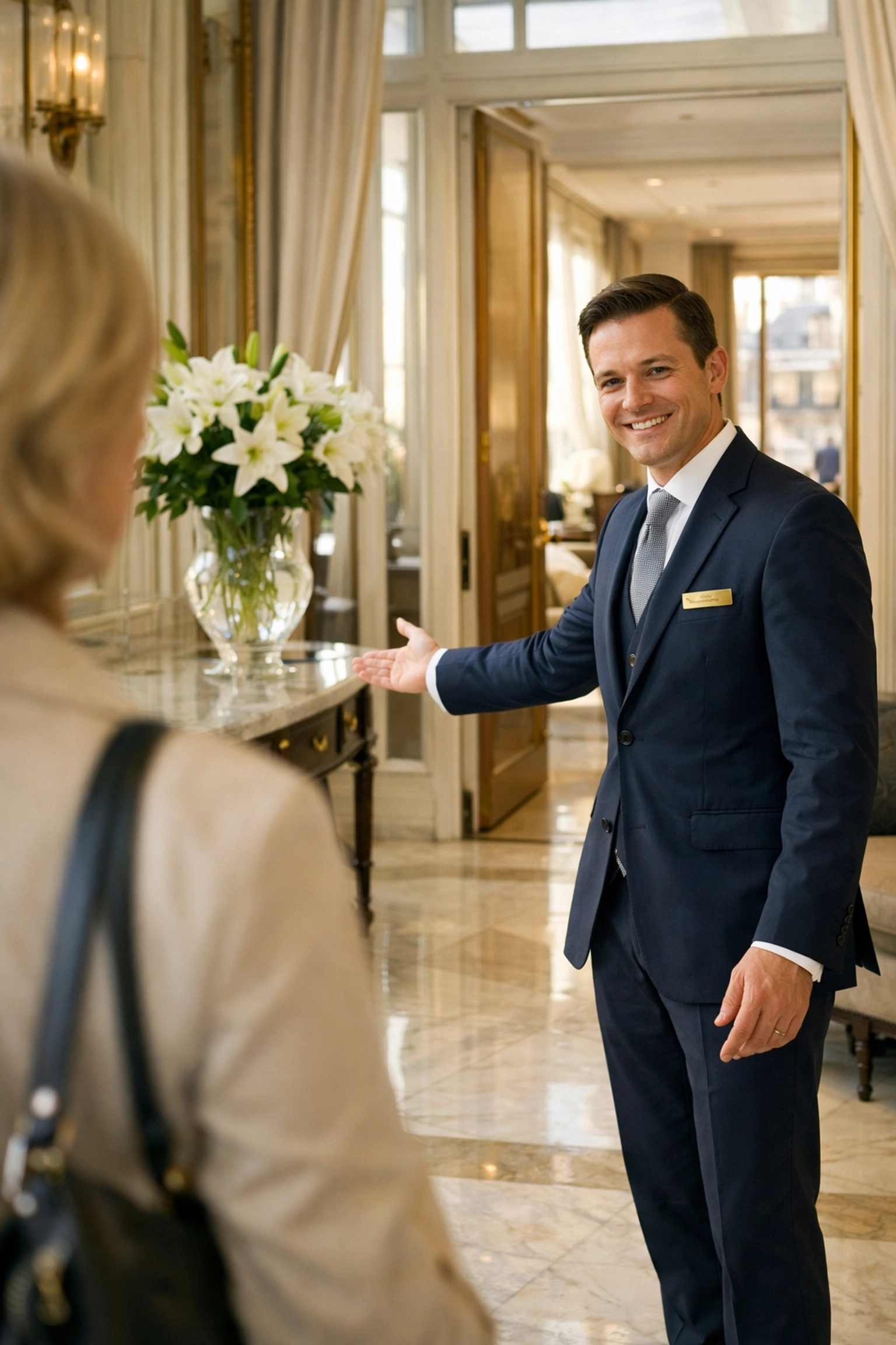 Luxury hotel concierge in Paris welcoming a VIP guest to a suite, illustrating professional travel agent leverage.
