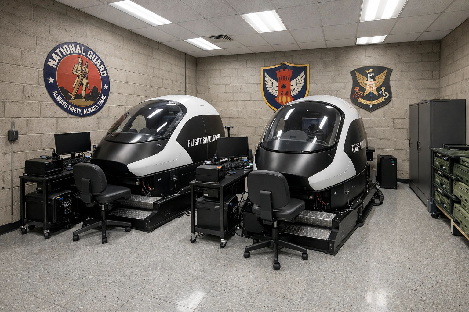 Two compact flight simulator pods in National Guard armory training room