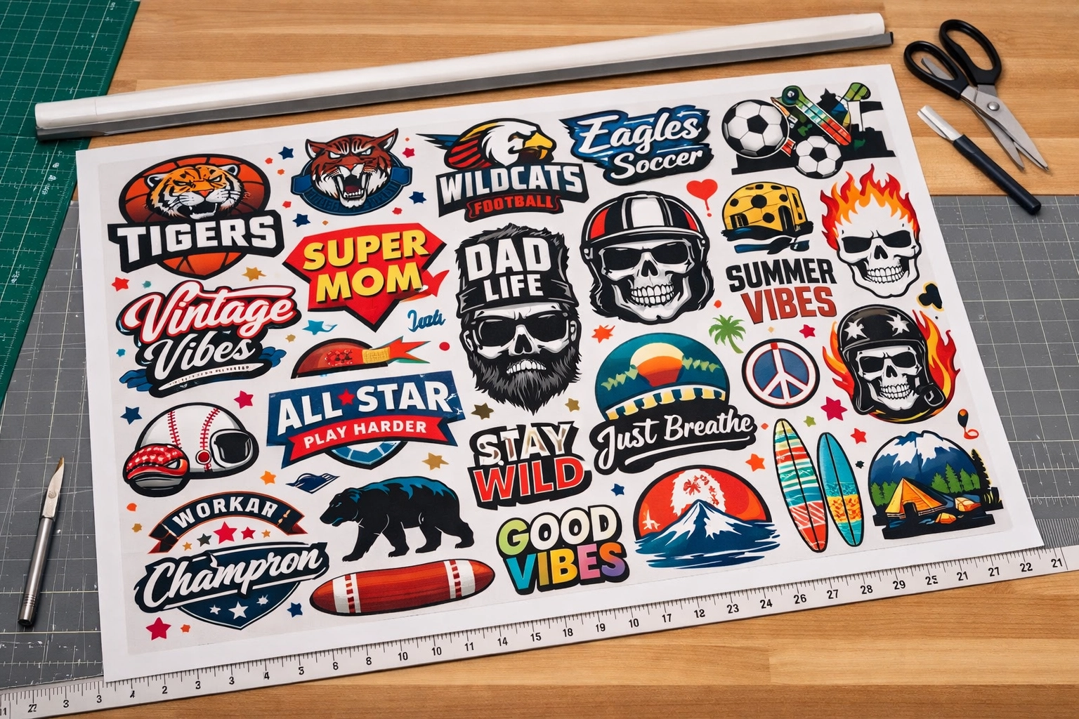 DTF gang sheets with multiple designs arranged for efficient production