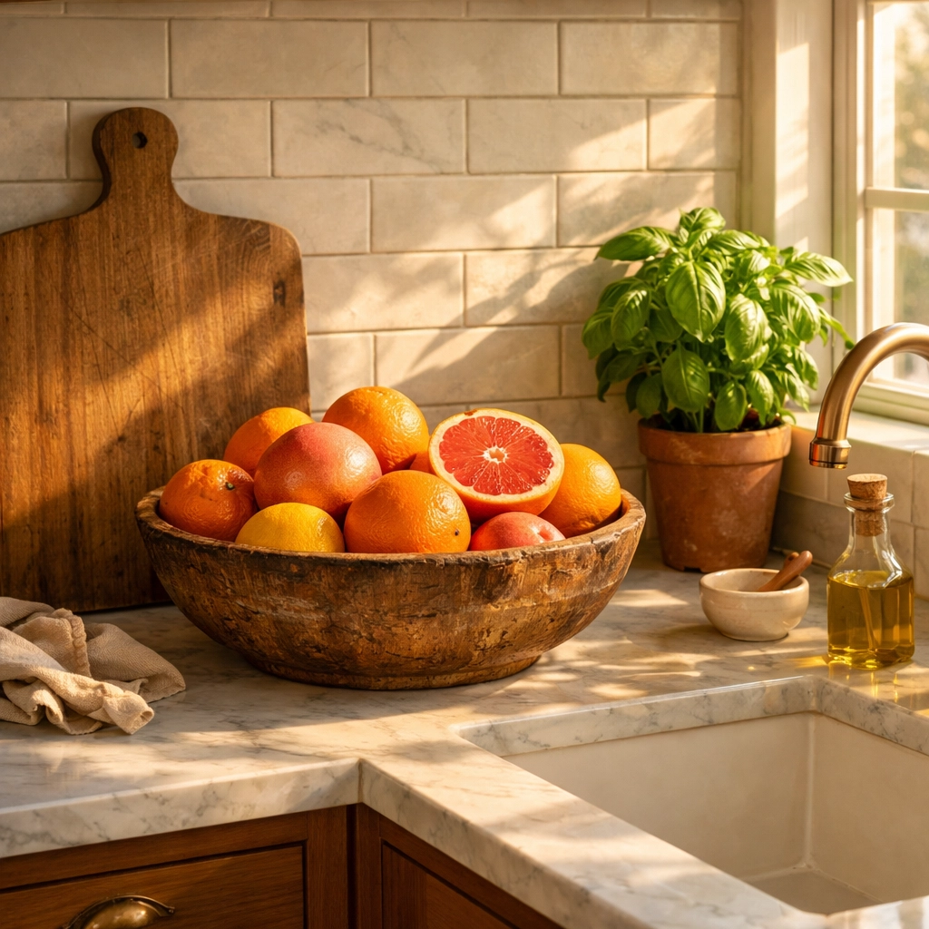 Staged kitchen with natural light, marble counters, and fresh Florida citrus