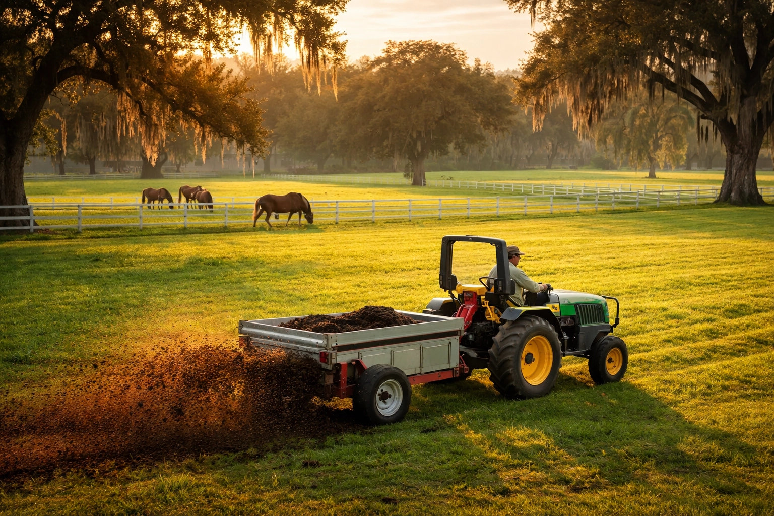 Compact tractor with manure spreader working in a Florida horse pasture at sunset, showing efficient manure management for horse farms.