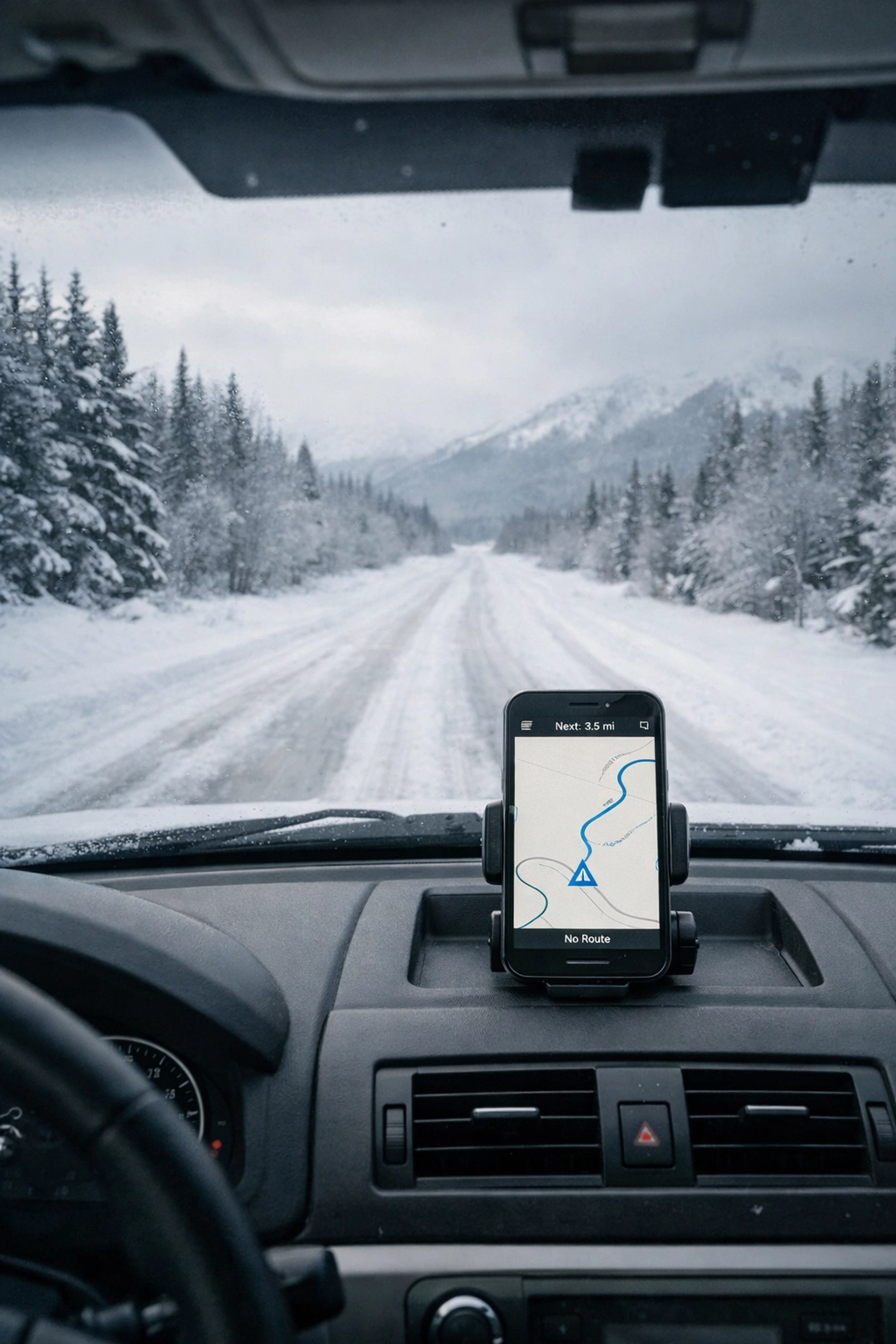 Mobile notary navigating Alaska roads with GPS in winter conditions