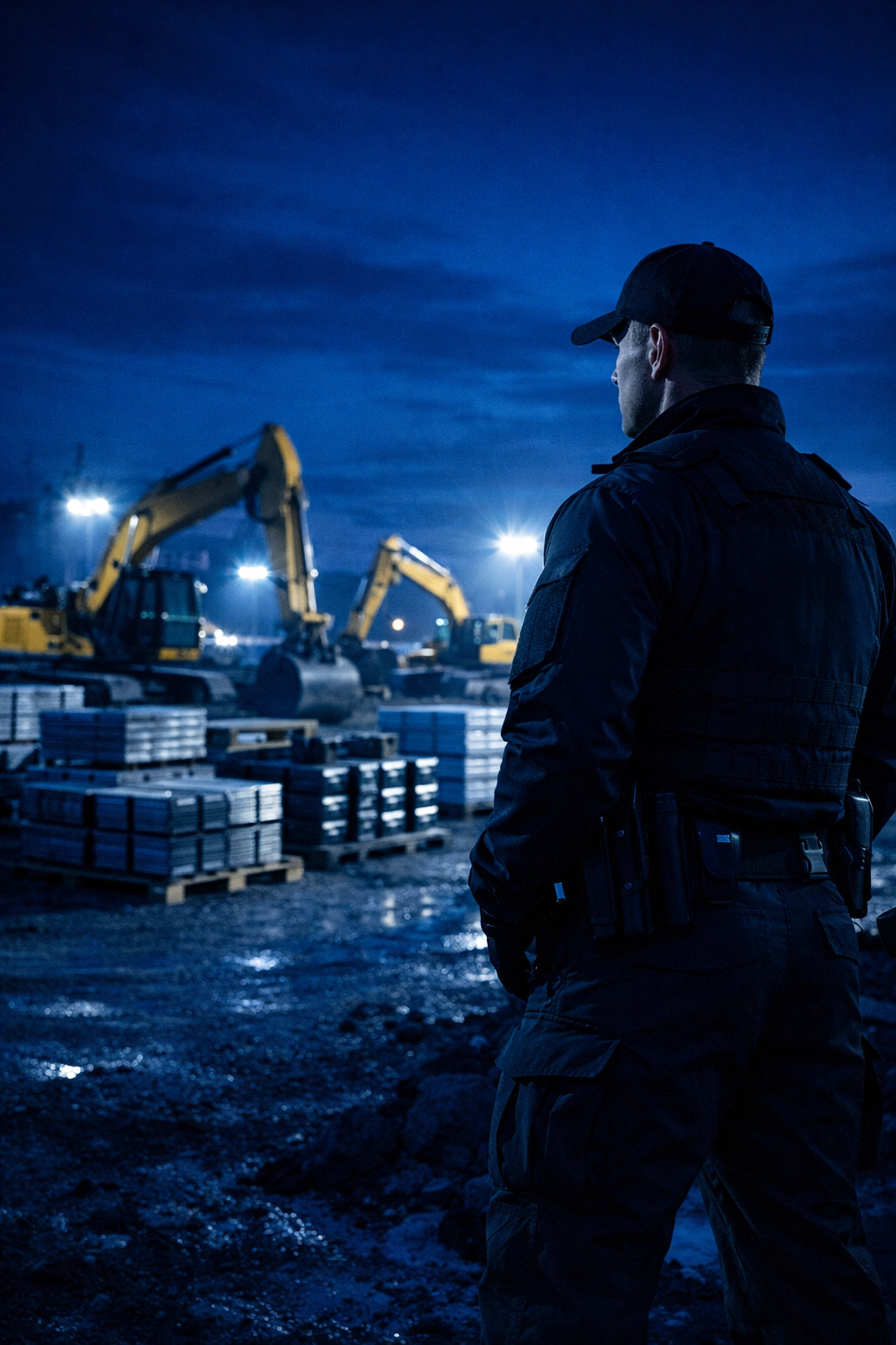Professional construction site security guard protecting heavy machinery and building materials during a nighttime patrol.