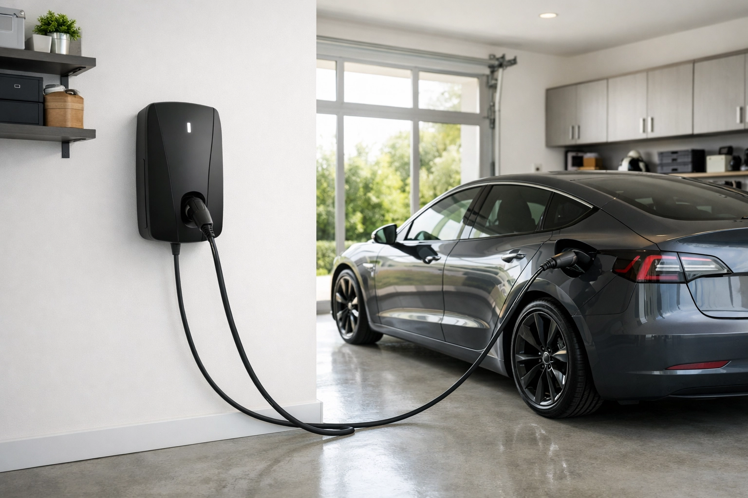 Modern Level 2 ev chargers Portland Maine homeowners use for efficient garage vehicle charging.