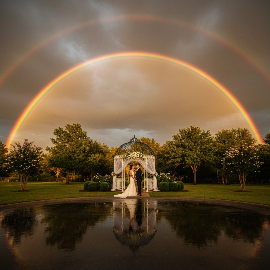 Bride and groom in a white gazebo beneath a vivid double rainbow. Reflections on water, lush greenery, and a serene, romantic mood.
