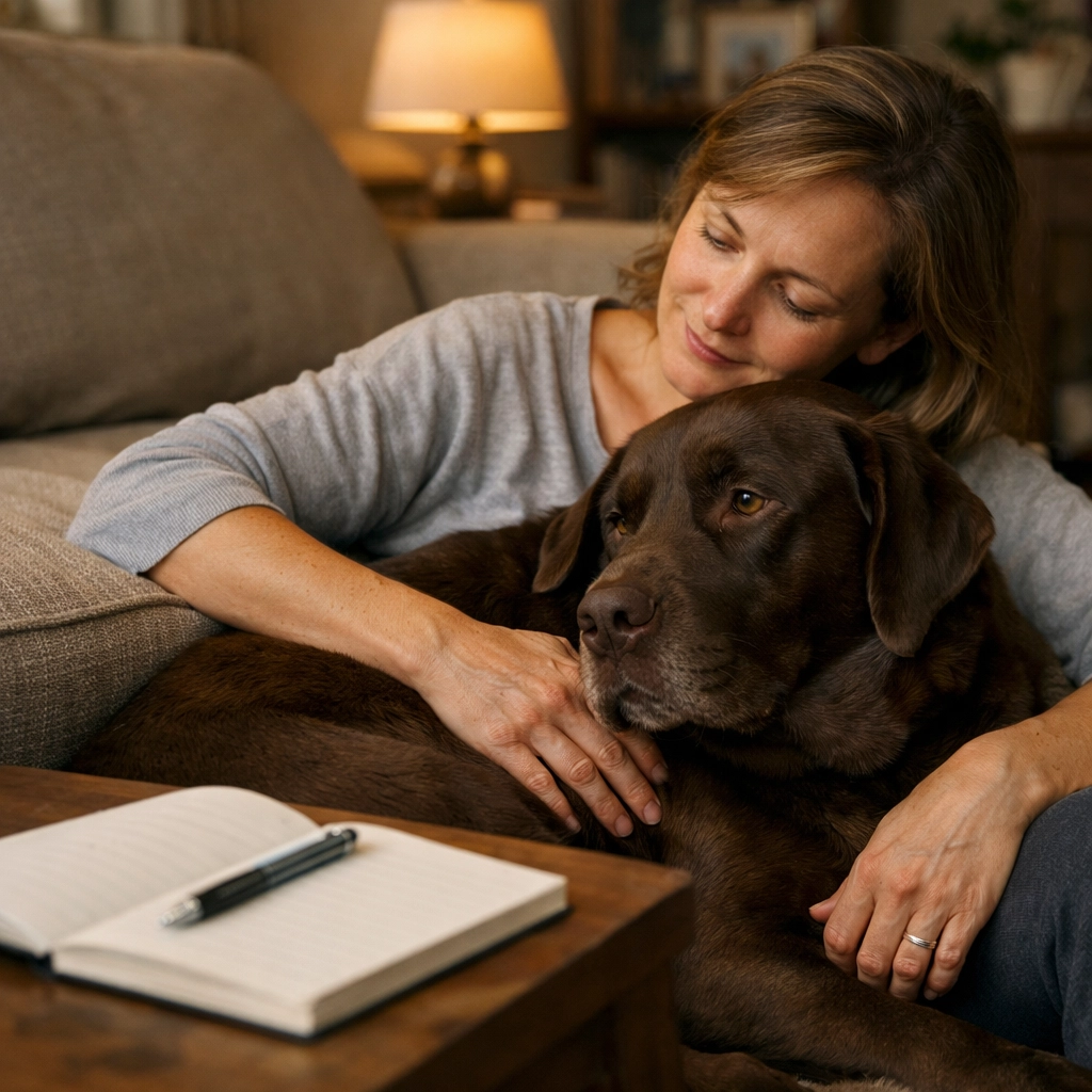 A caregiver tracking her dog's health in a journal to support medical decisions for canine cancer care.