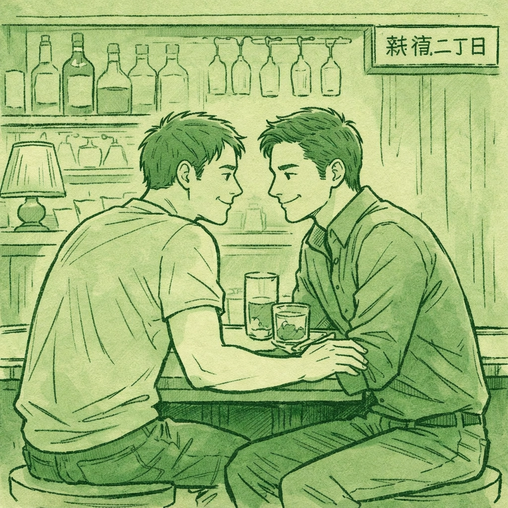 MM contemporary romance illustration of two men in a cozy Shinjuku Ni-chōme gay bar sanctuary.