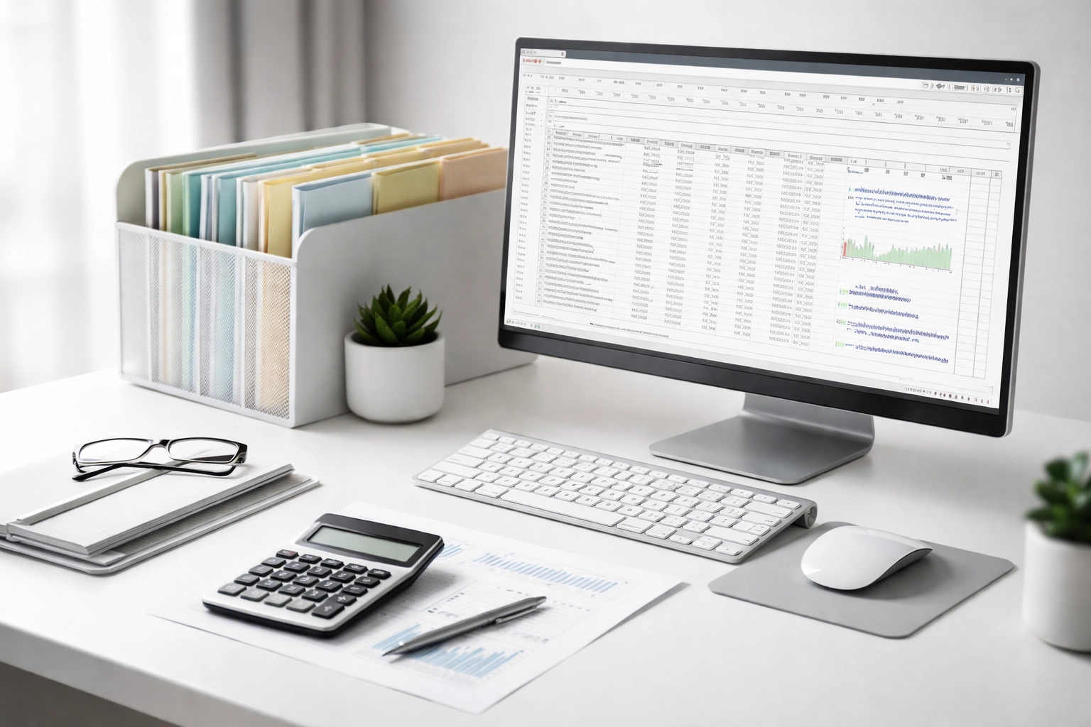Organized accountant desk with computer, file folders, and calculator showing clean chart of accounts for business finance.