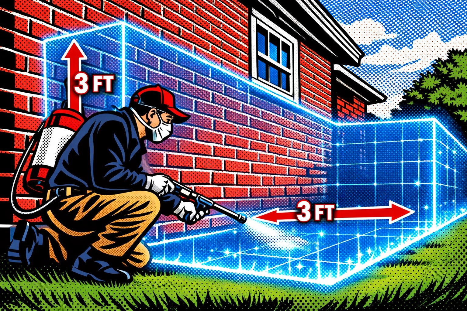 Pest control technician applying 3x3 barrier treatment at Jasper home foundation