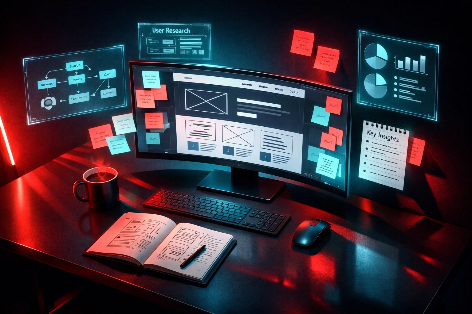 Web designer workspace showing wireframes, user research, and discovery process documentation
