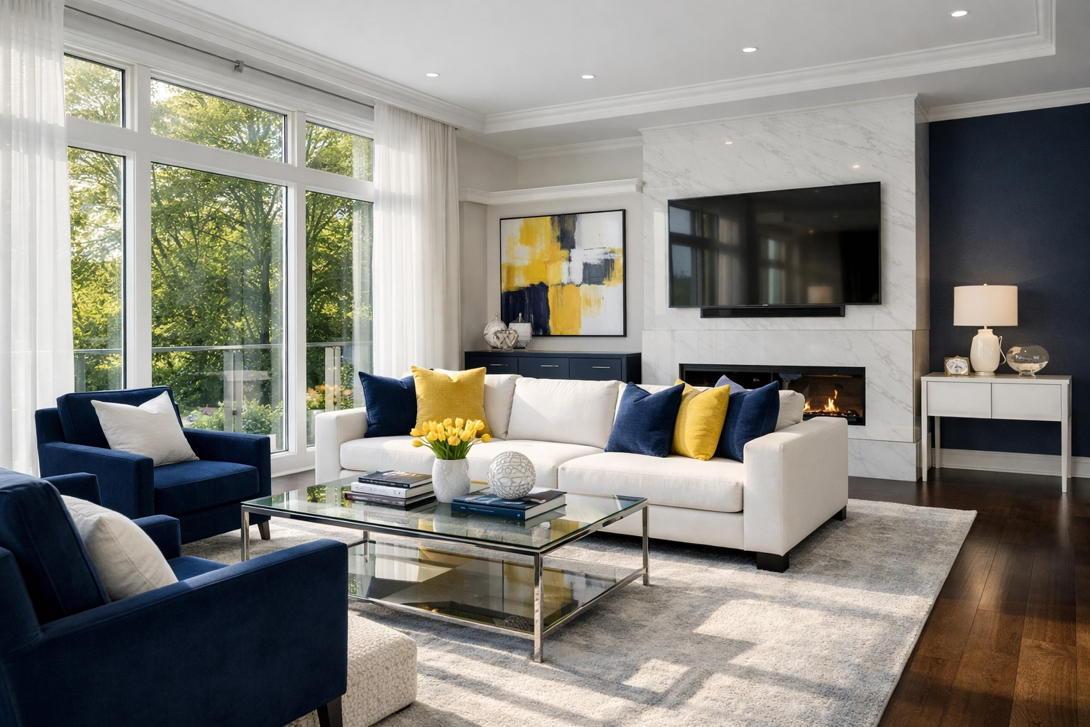 Pristine Natick living room with polished surfaces showcasing the results of luxury house cleaning Natick MA services.