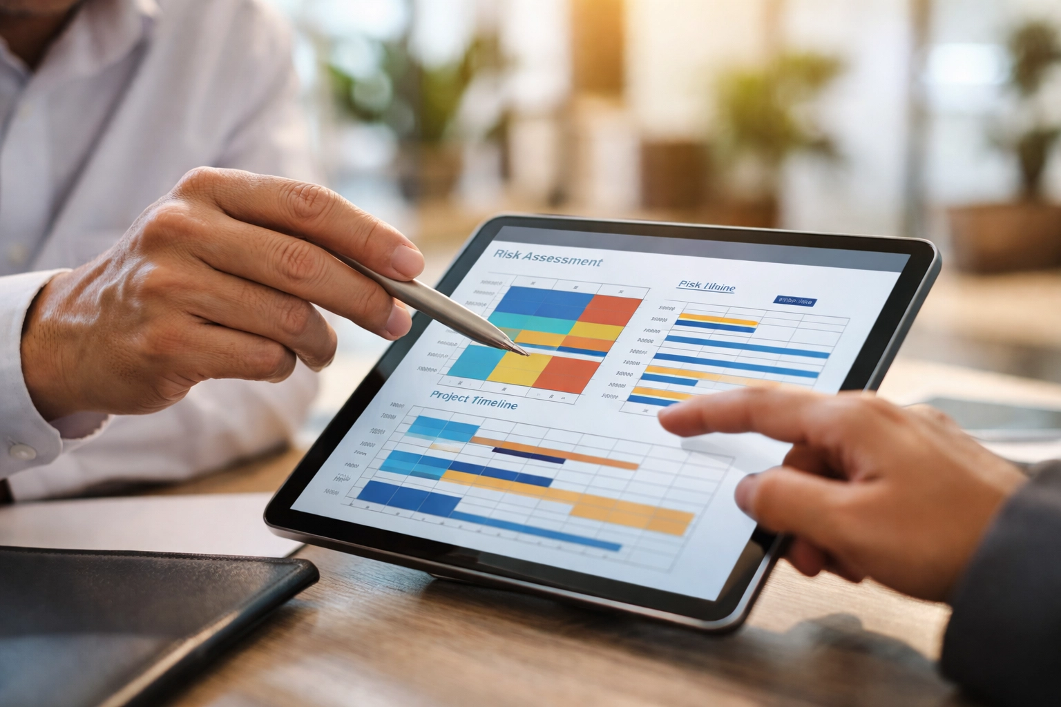 Close-up of two professionals collaborating over a digital tablet showing AI risk assessment and project timelines.