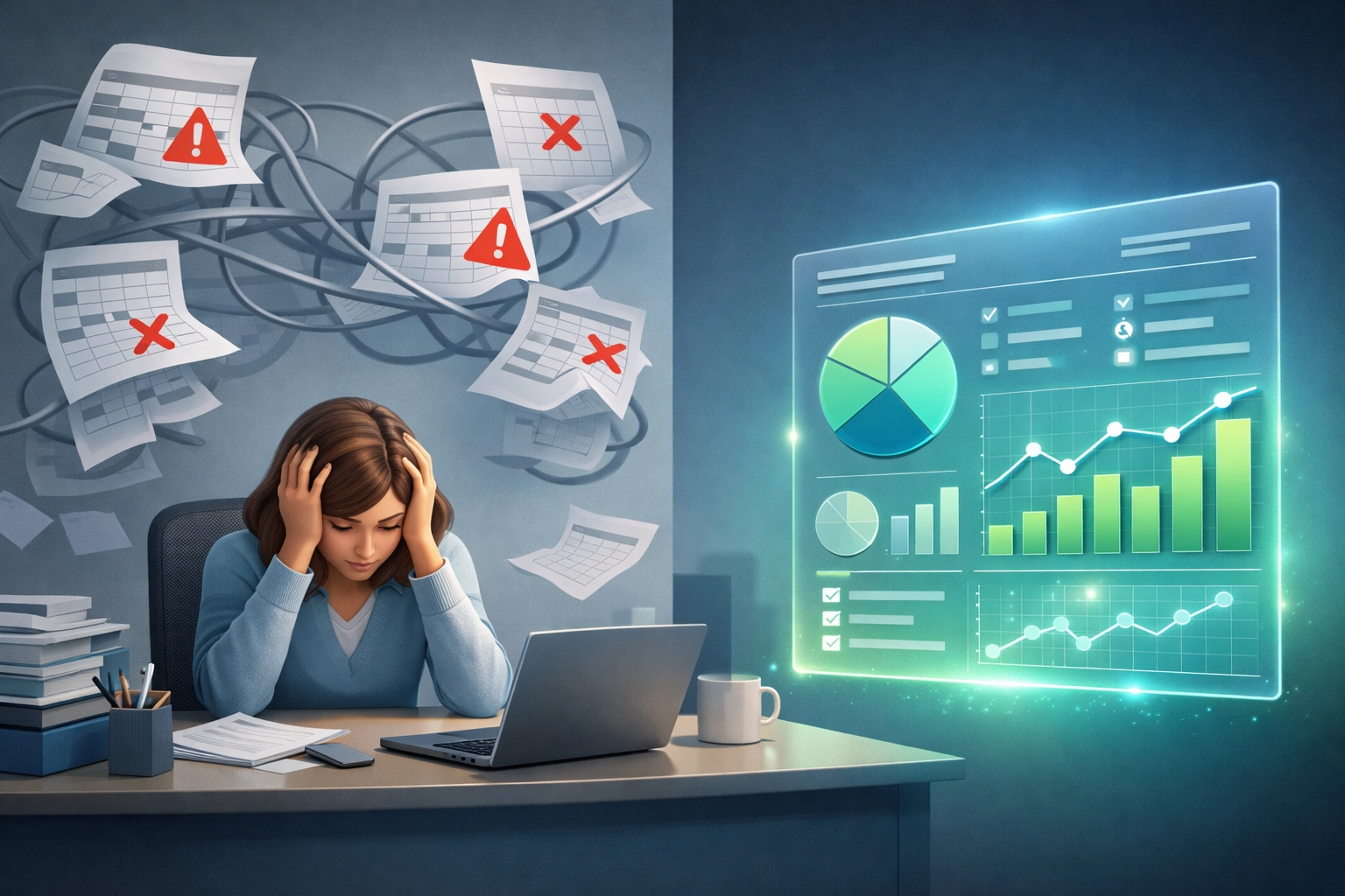 Nonprofit professional transitioning from chaotic spreadsheets to organized real-time financial dashboard