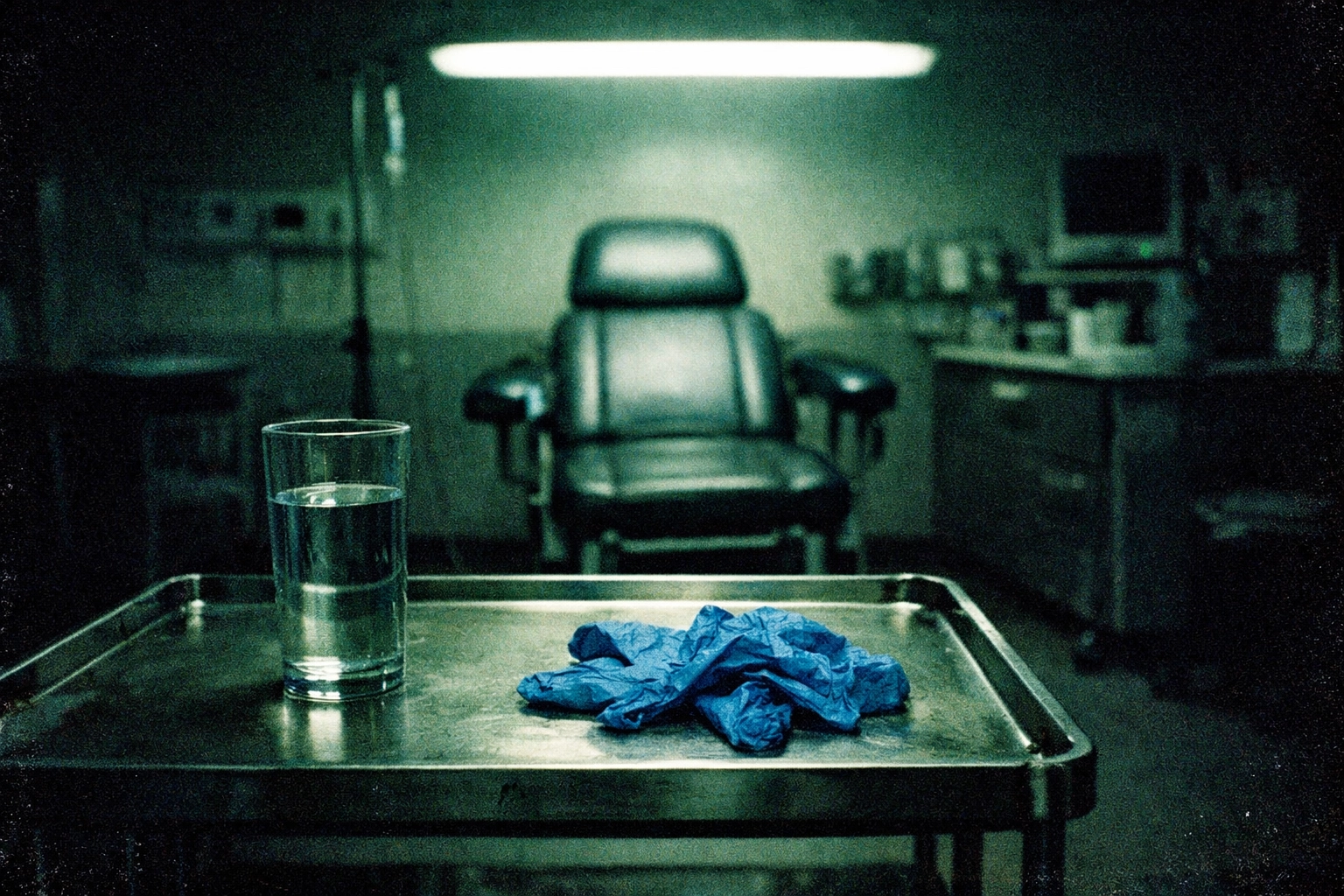 Sterile clinical room with a glass of water and medical gloves illustrating the technical side of bladder control.