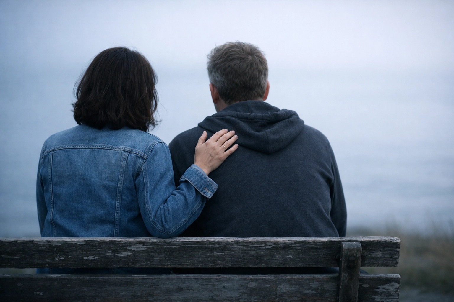 Two people on bench showing supportive connection in peer support group for depression