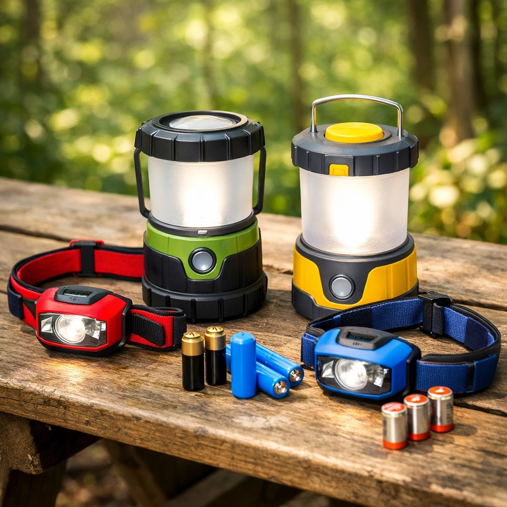 Essential camping lighting gear including head torches and LED lanterns