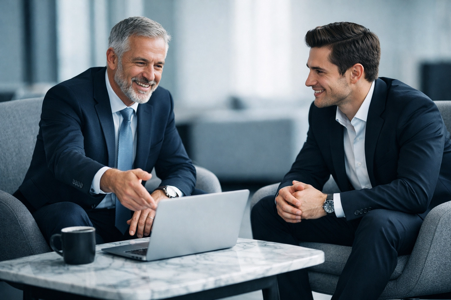 A sales manager providing professional coaching and feedback to a team member in a modern office.