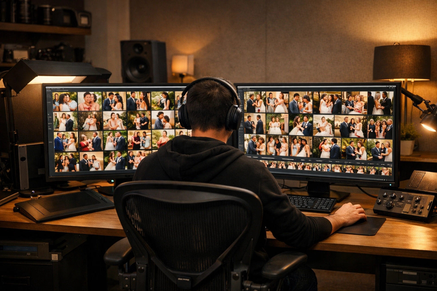 Professional photo editor working on a wedding gallery across a dual-monitor editing suite.