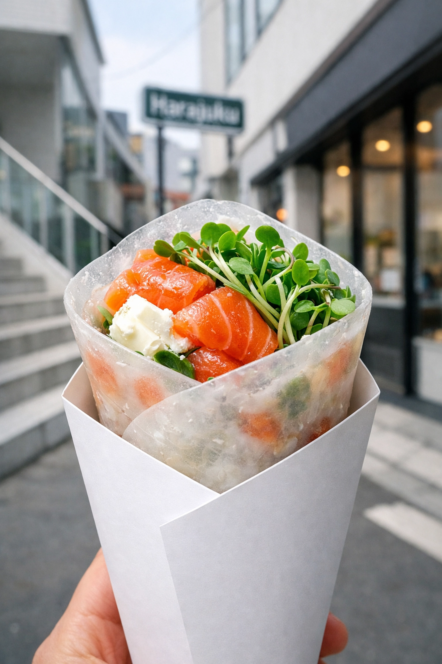 Savory salmon and cream cheese sushi crepe, a unique fusion street food in Harajuku.