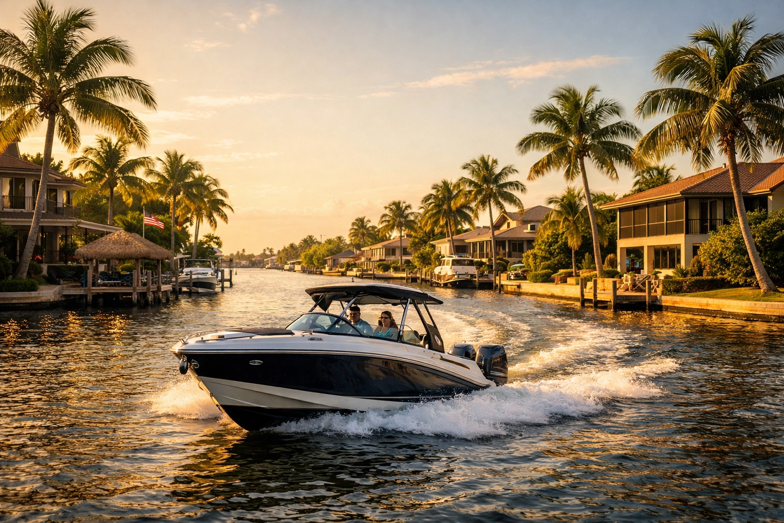 Motorboat cruising past SE Cape Coral waterfront homes with Gulf access and mature palms.