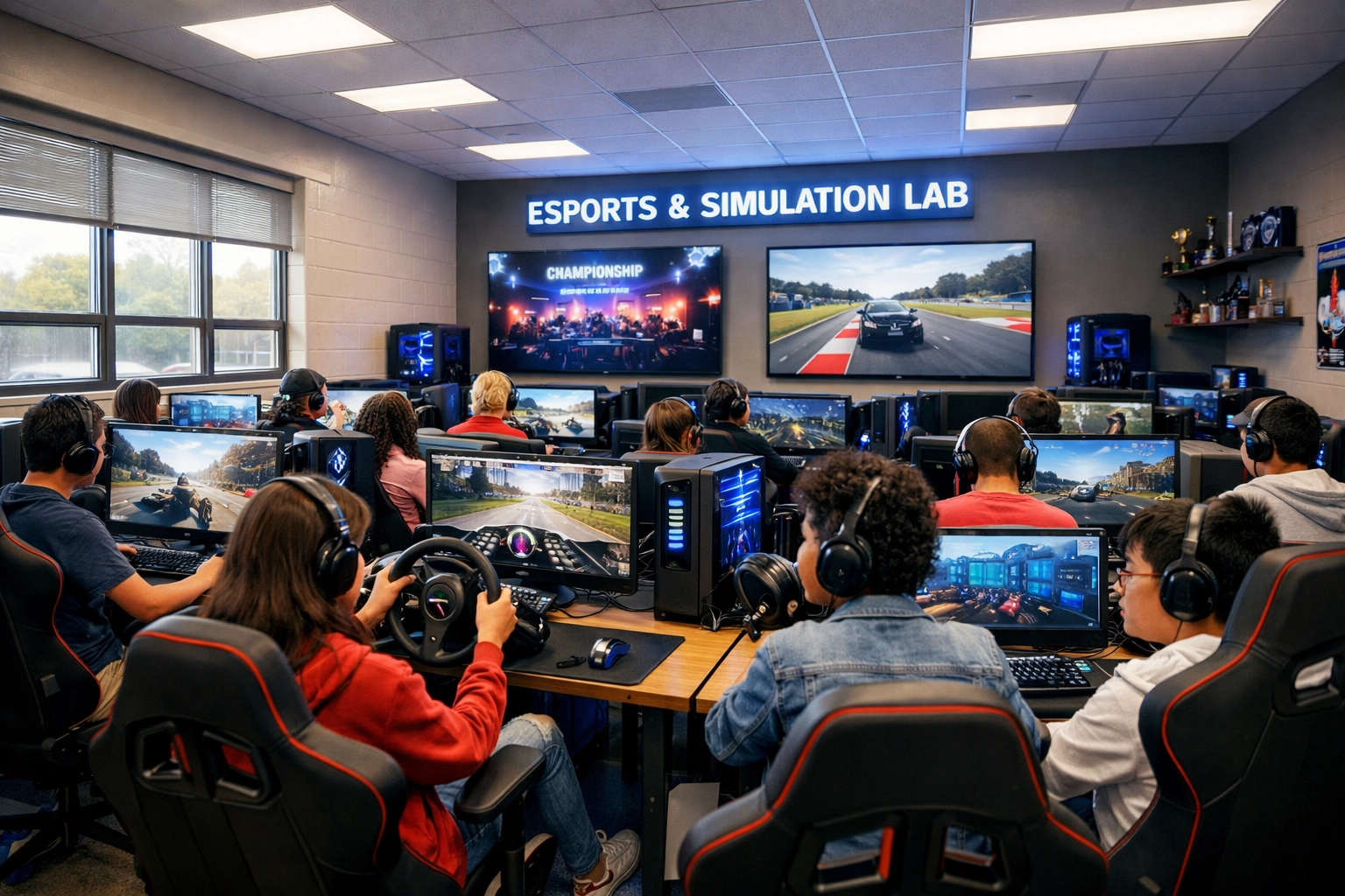 Students using professional esports technology in a high-impact educational simulation lab.