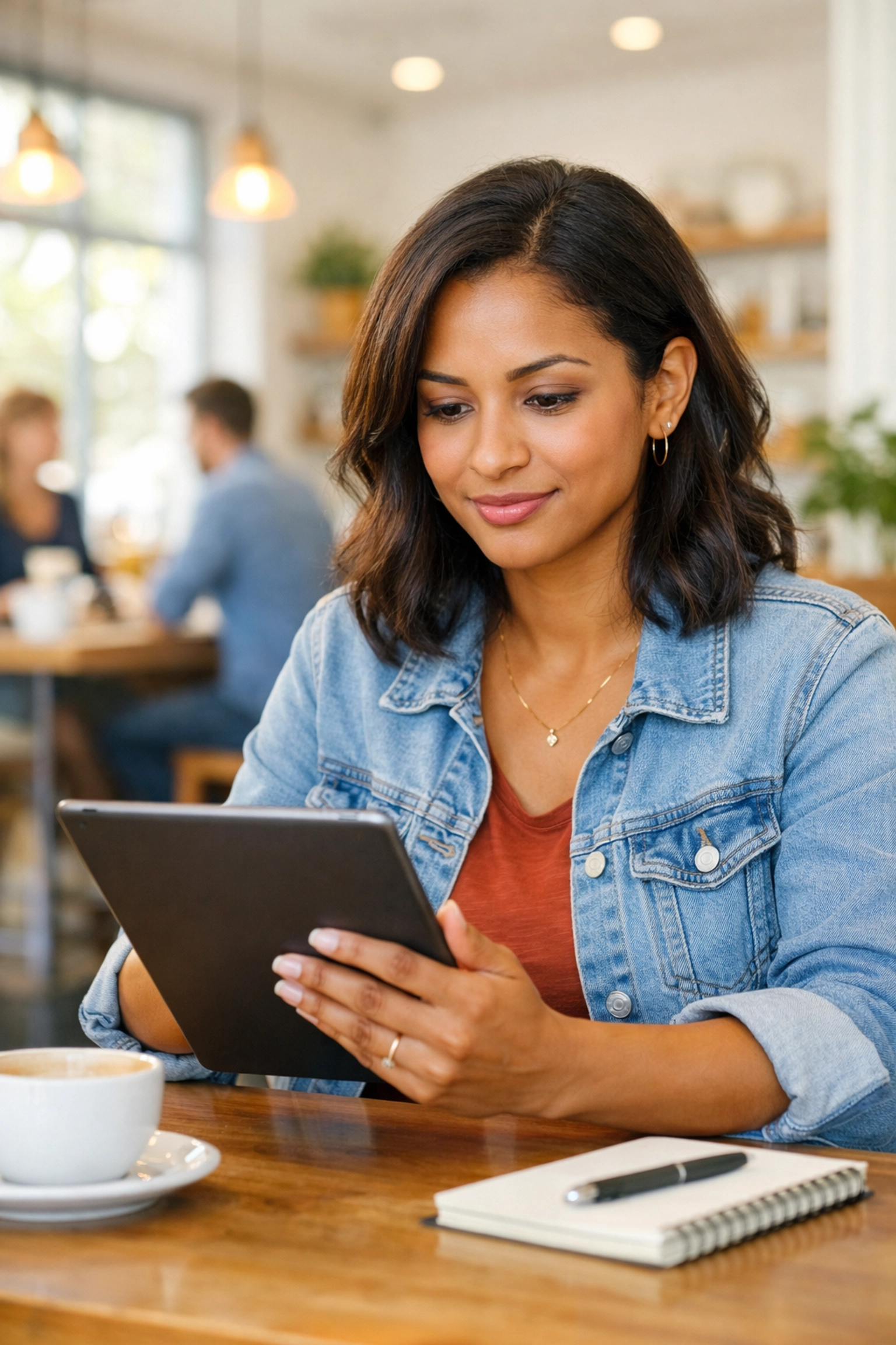 Travailleuse autonome utilisant sa tablette pour obtenir un prêt sans enquête de crédit au Canada.