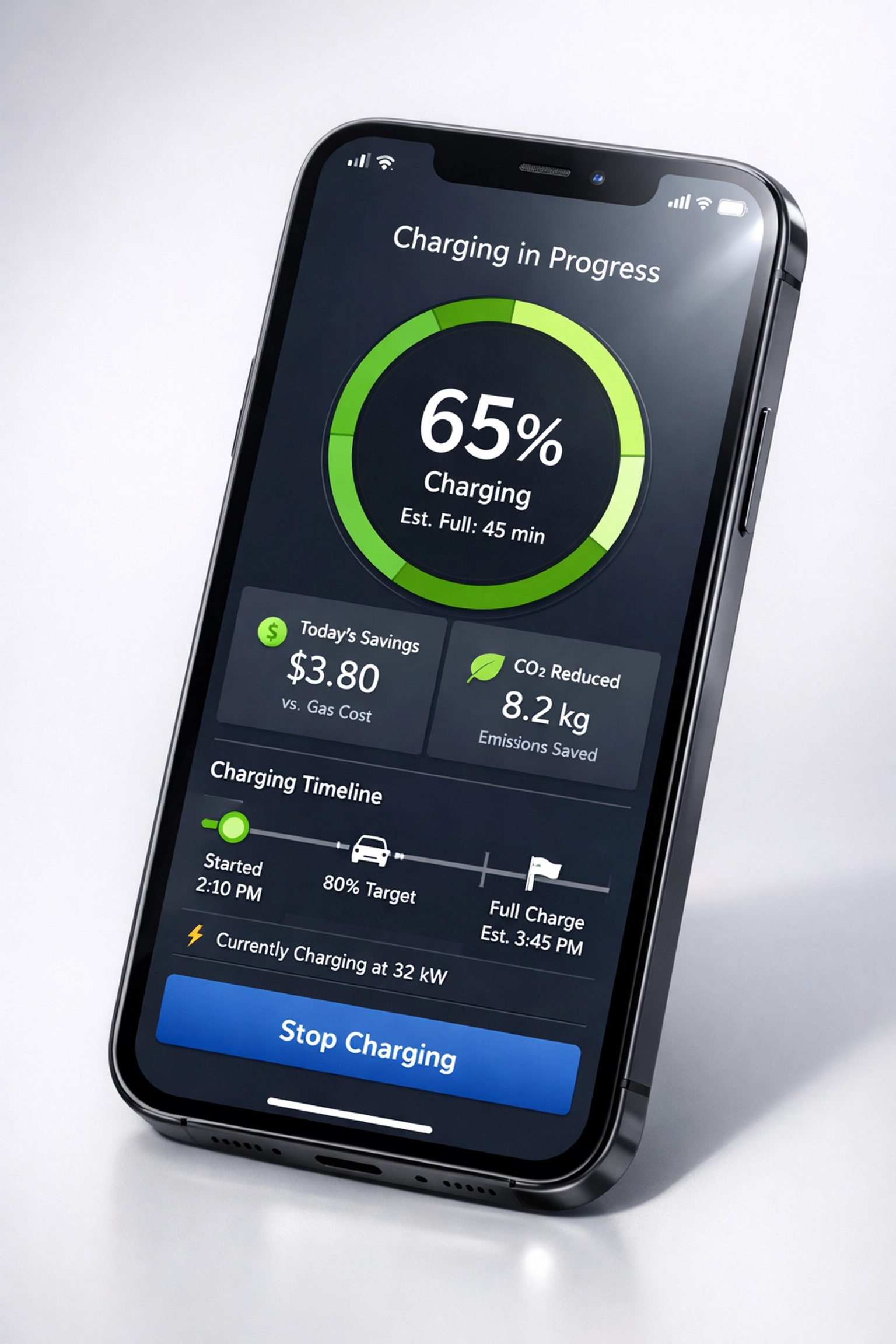 EV charging app interface displaying cost savings and charging schedule
