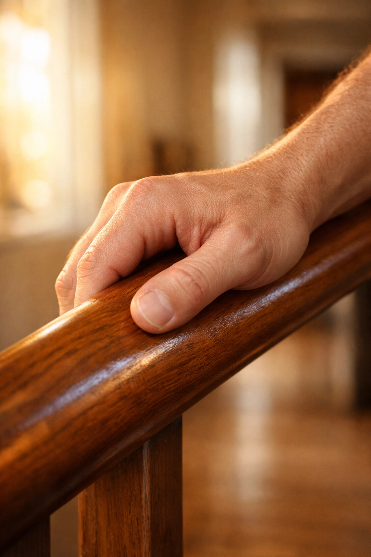 Close-up of a hand gripping a sturdy wooden handrail for stability and fall prevention on stairs.