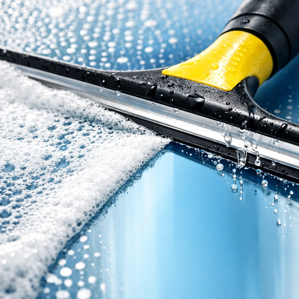 Close-up of a professional squeegee cleaning a window pane to a streak-free, crystal clear finish.