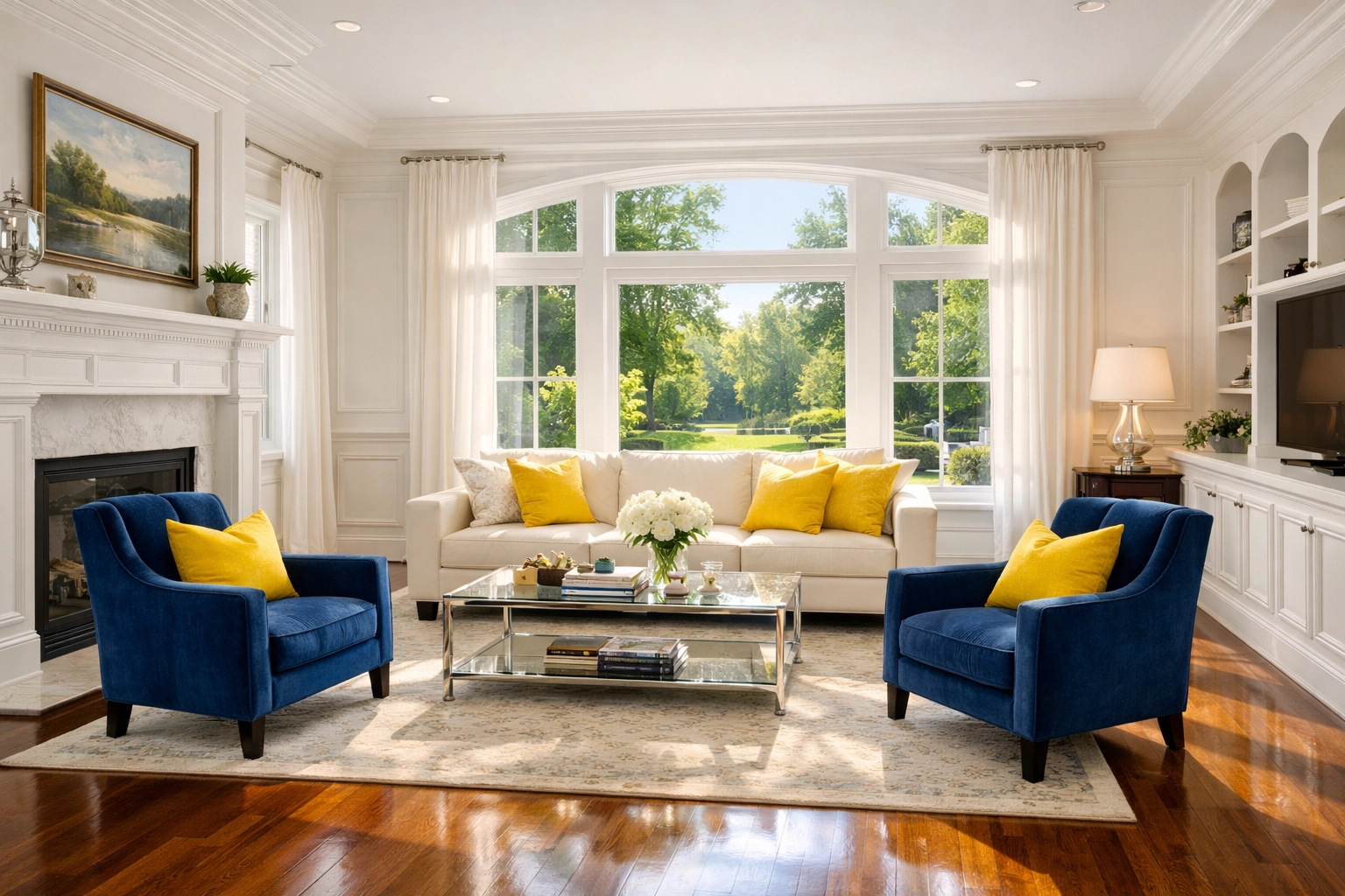 Immaculate luxury living room in Massachusetts featuring sunlit floors cleaned by MetroWest cleaning services.