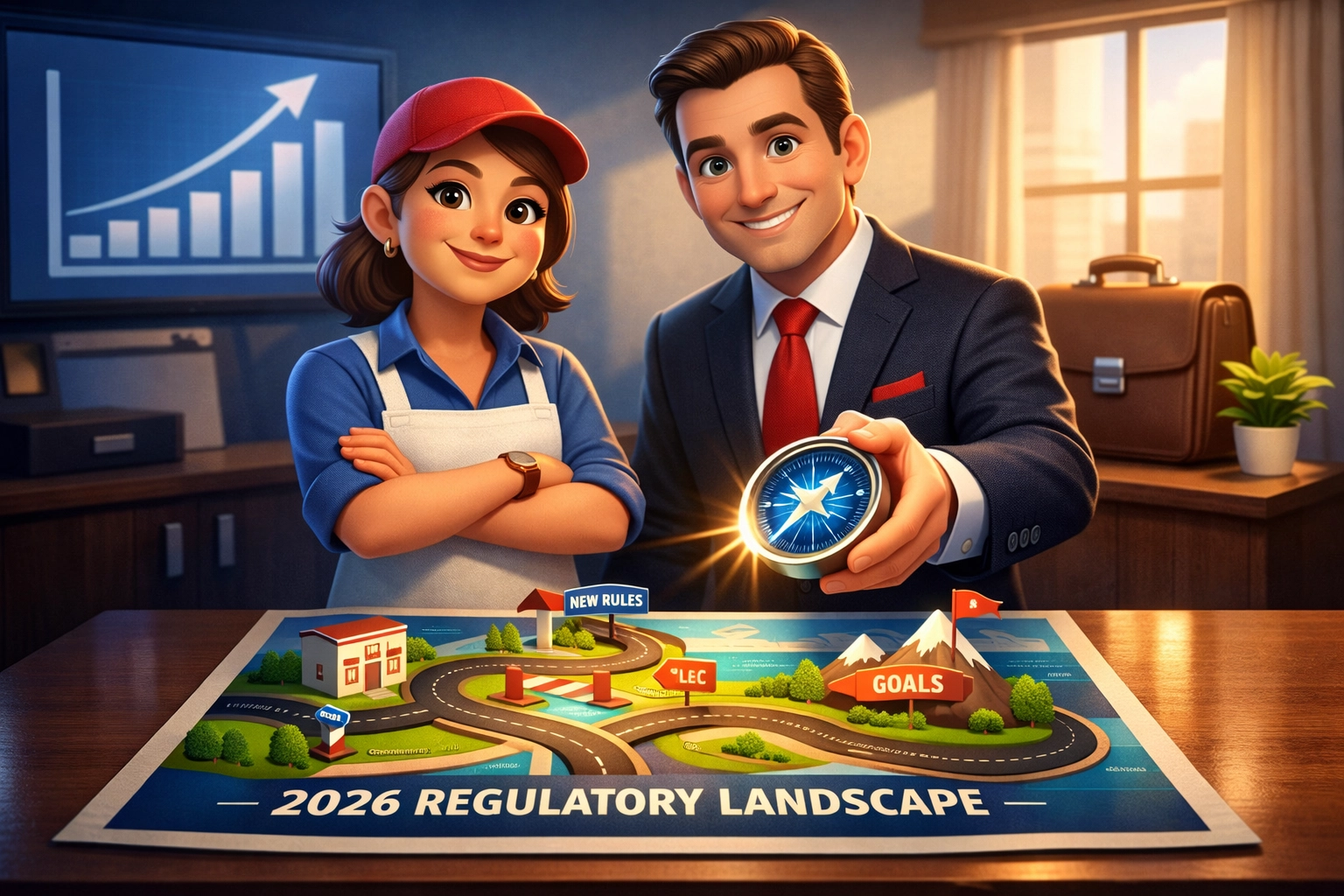 Insurance advisor guiding a business owner through 2026 insurance regulation updates for growth.