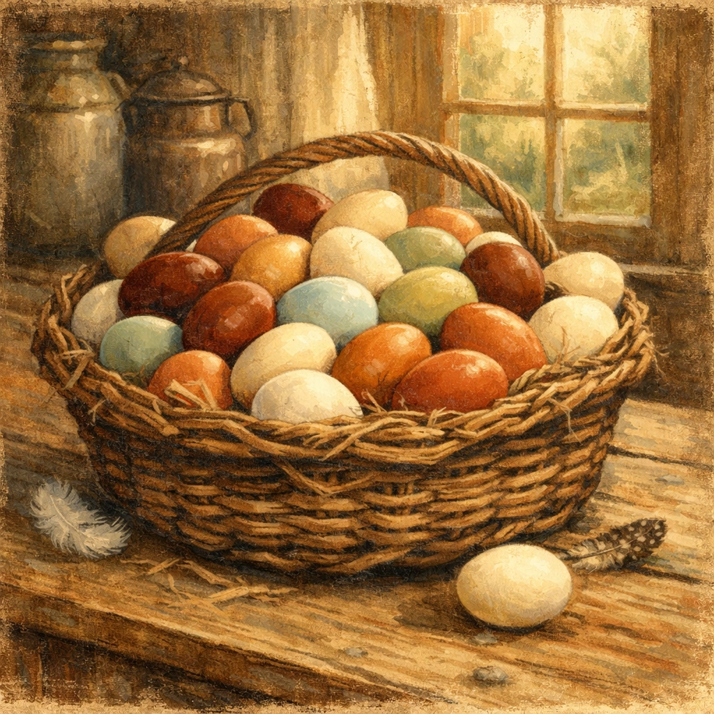 Basket overflowing with rainbow colored farm fresh eggs from heritage breed chickens