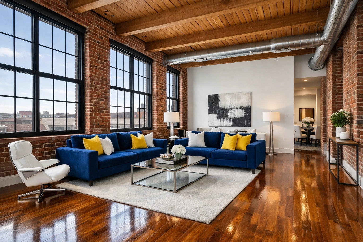 Modern Lowell MA loft with professionally cleaned hardwood floors and industrial brick walls.