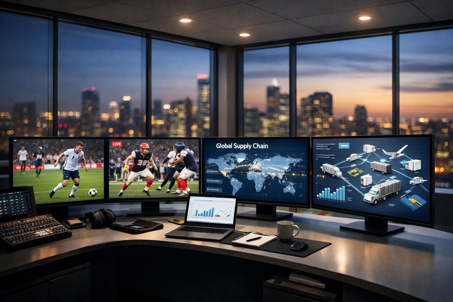 Modern media hub showing sports and logistics data for strategic consulting and media innovation.