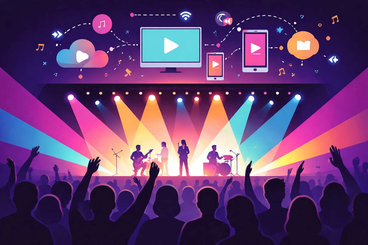 Concert stage with performers and streaming icons, representing MixleplixTV's global platform for emerging musicians.