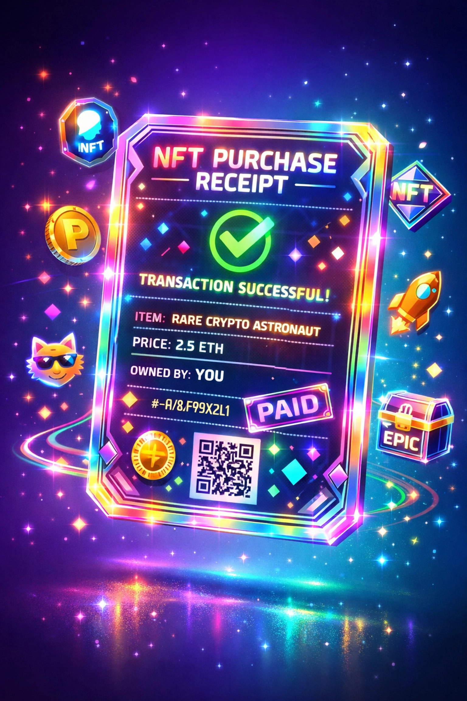 NFT receipt for crypto payment transaction with collectible tokens