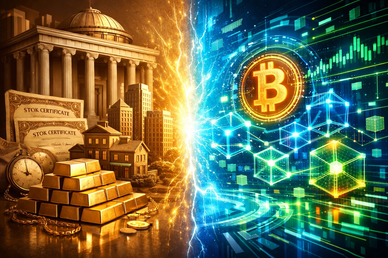 Traditional assets merging with digital investments including Bitcoin and blockchain technology