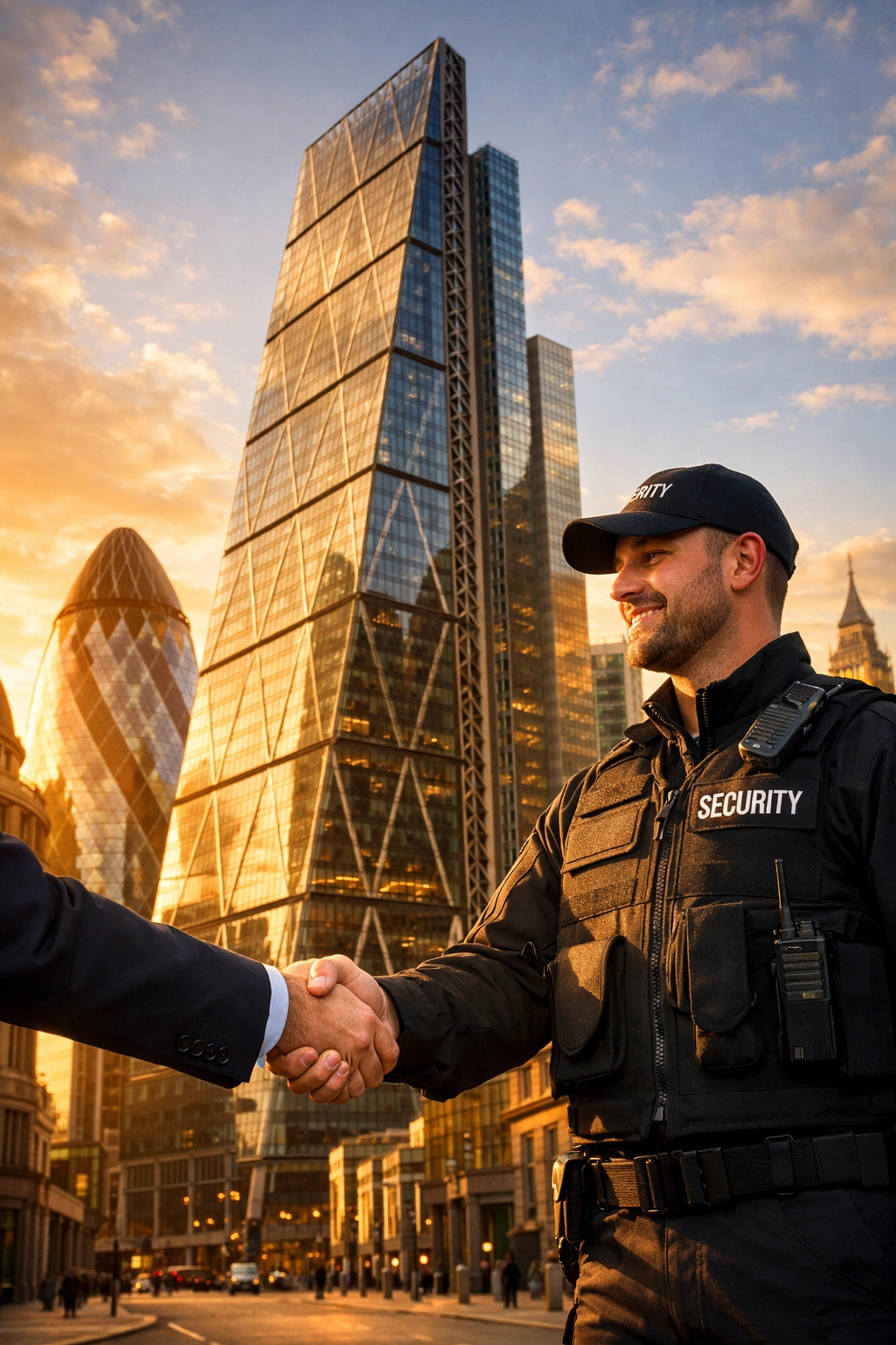 Professional handshake symbolising a successful SIA ACS partnership in a UK city district.
