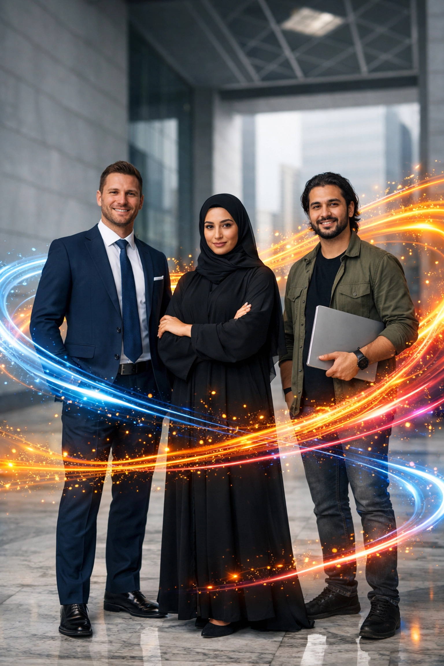 Diverse professionals in Dubai surrounded by digital light trails representing AI in every industry