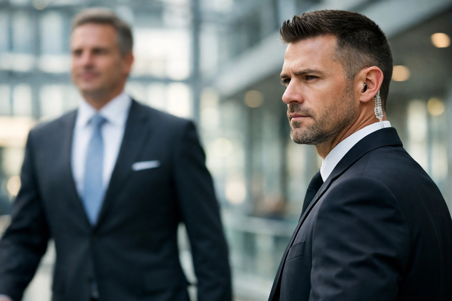 A professional security specialist provides discreet VIP protection for corporate leaders at a major event.