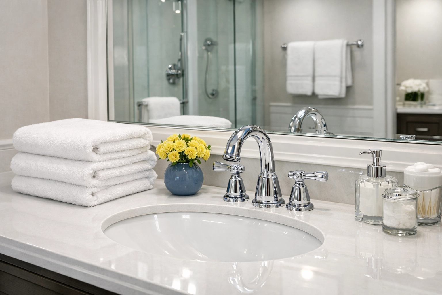 A sparkling clean bathroom vanity following professional deep cleaning in Leominster MA.